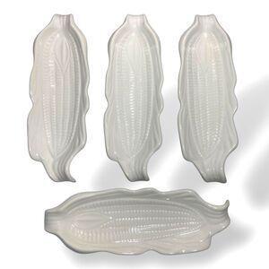 Set of 4 White Ceramic Corn Cob Shape Holder Tray Serving Plate Vintage 9.5x3 in